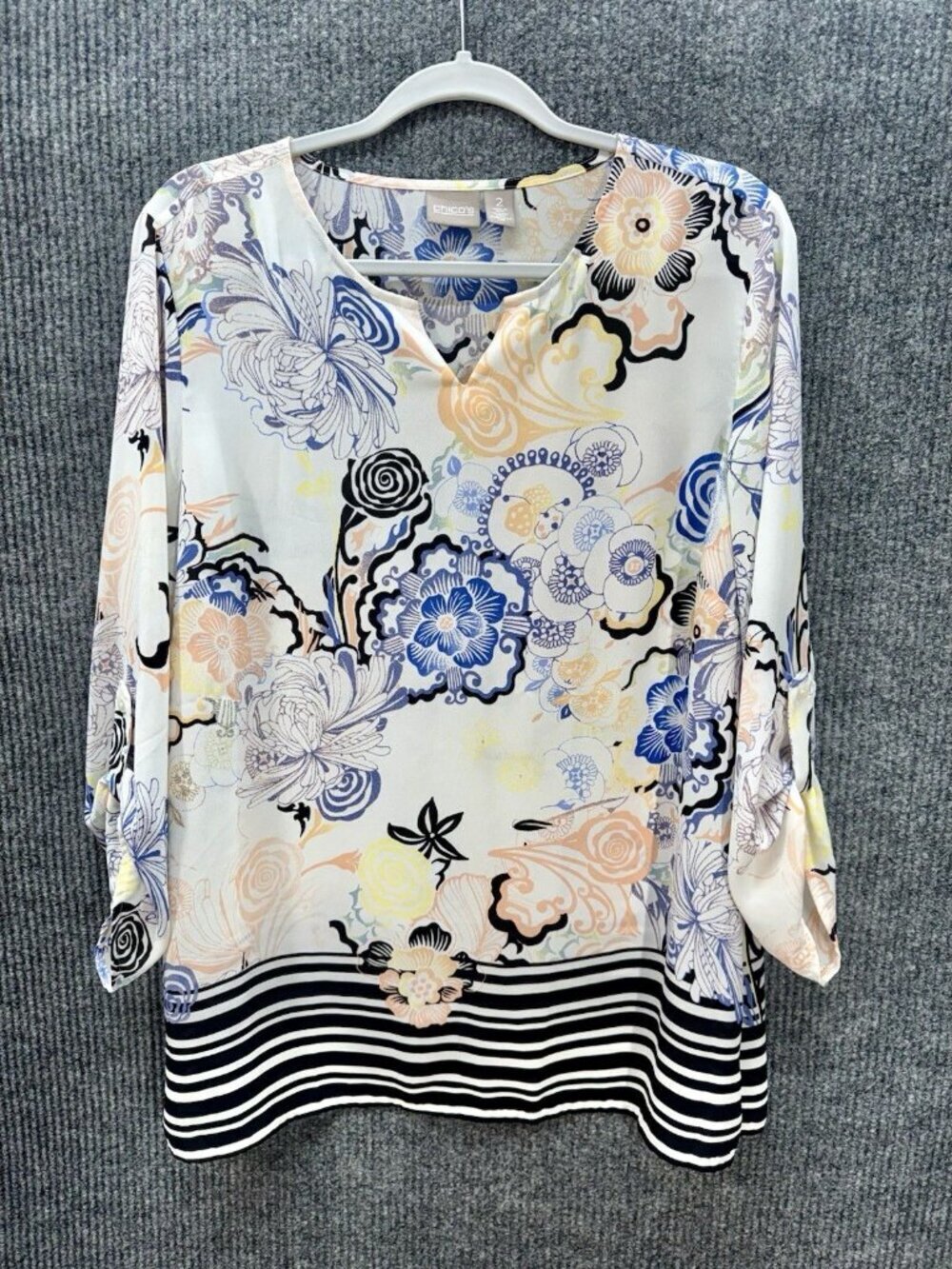 Chicos Tunic Top Womens 2/Large Floral Roll Tab Sleeve Notch Neck Popover Beachy